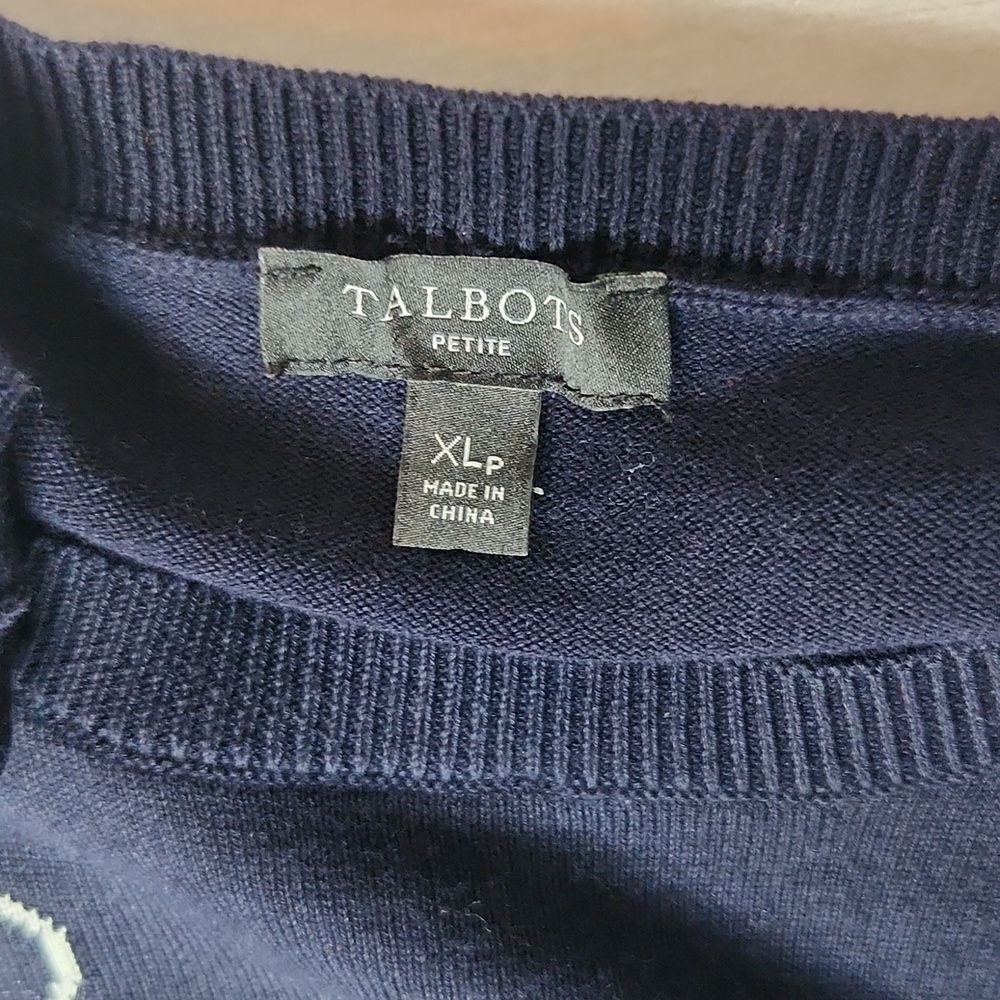 Talbots Petite XLP Navy Heart Print Crewneck Cotton Blend Long Sleeve Sweater - Picture 3 of 8